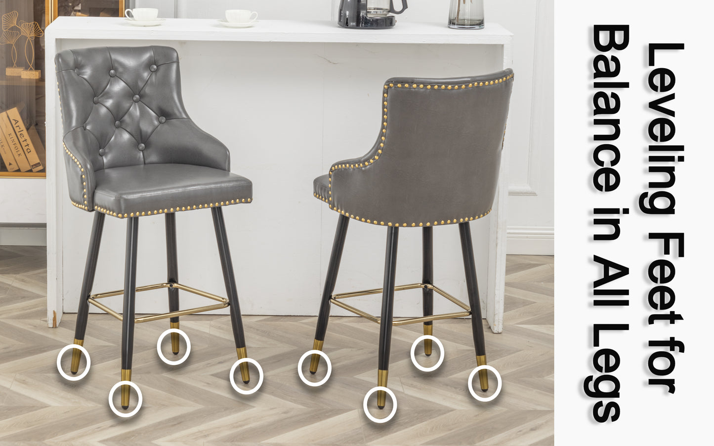 BTExpert 26" High Back Gray PU Leather Tufted Bar Chairs with Gold Nailhead Trim - Set of 2