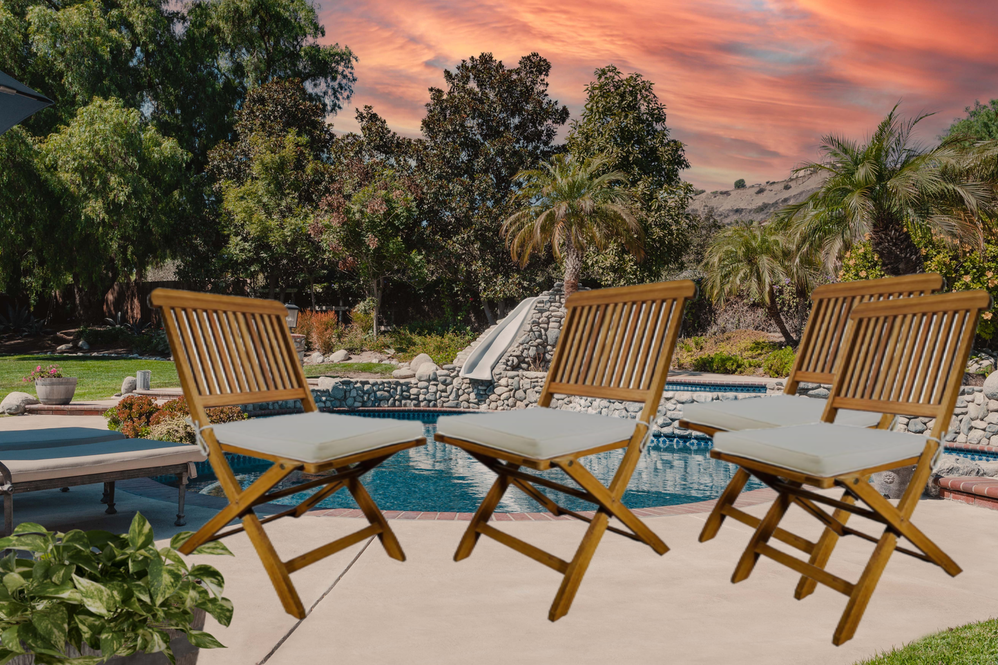 BTExpert 4 Outdoor Folding Chairs, Fully Assembled Acacia Wood, Teak Finish, Beige Cushions for Patio, Garden
