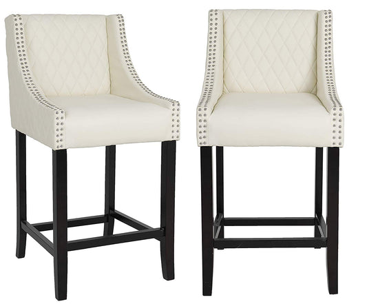 BTExpert Shauhin Quilted Leather 39" Bar Stool Chair, Accent with Nail Trim - Set of 2