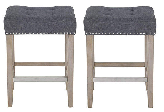 BTExpert Quail Wooden Linen Tufted 27" Counter Bar Stool with Nail Trim - Set of 2