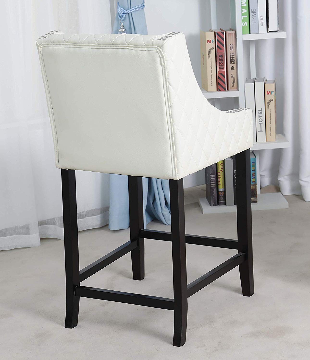 BTExpert Shauhin Quilted Leather 39" Bar Stool Chair, Accent with Nail Trim - Set of 2