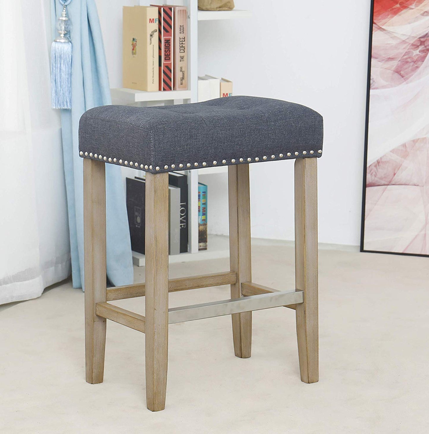 BTExpert Quail Wooden Linen Tufted 27" Counter Bar Stool with Nail Trim - Set of 2