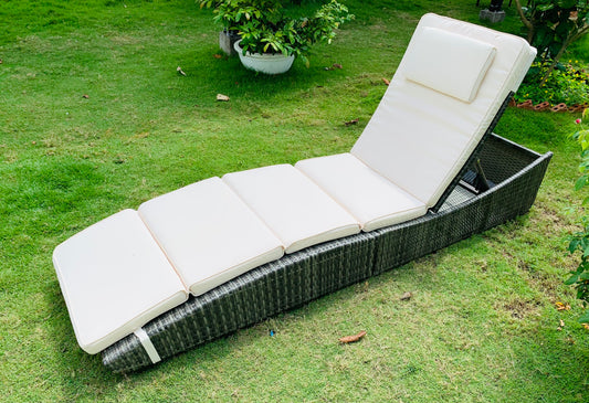 BTExpert Outdoor Foldable Chaise Lounge Chair, Wicker Rattan Reclining Sun Bed, Adjustable Padded Backrest Pillow, Assembled