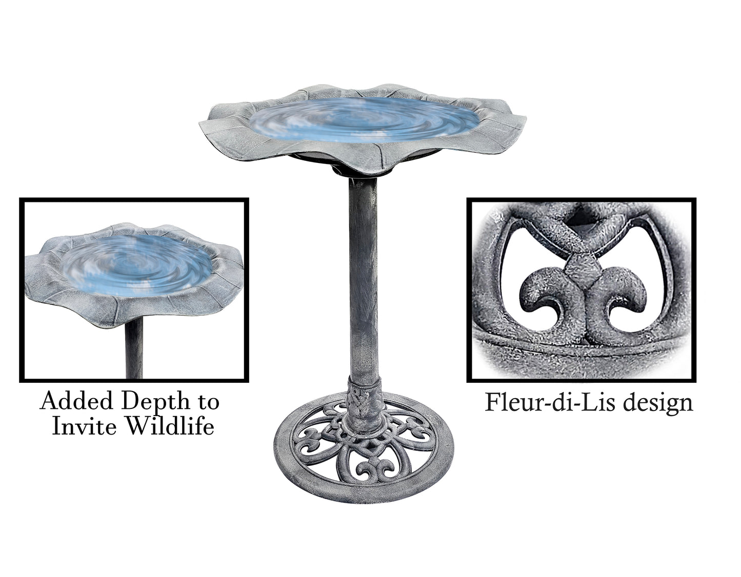 BTExpert Stone Grey Lily Leaf Pedestal Outdoor Garden Floral Bird Bath Decoration Accent