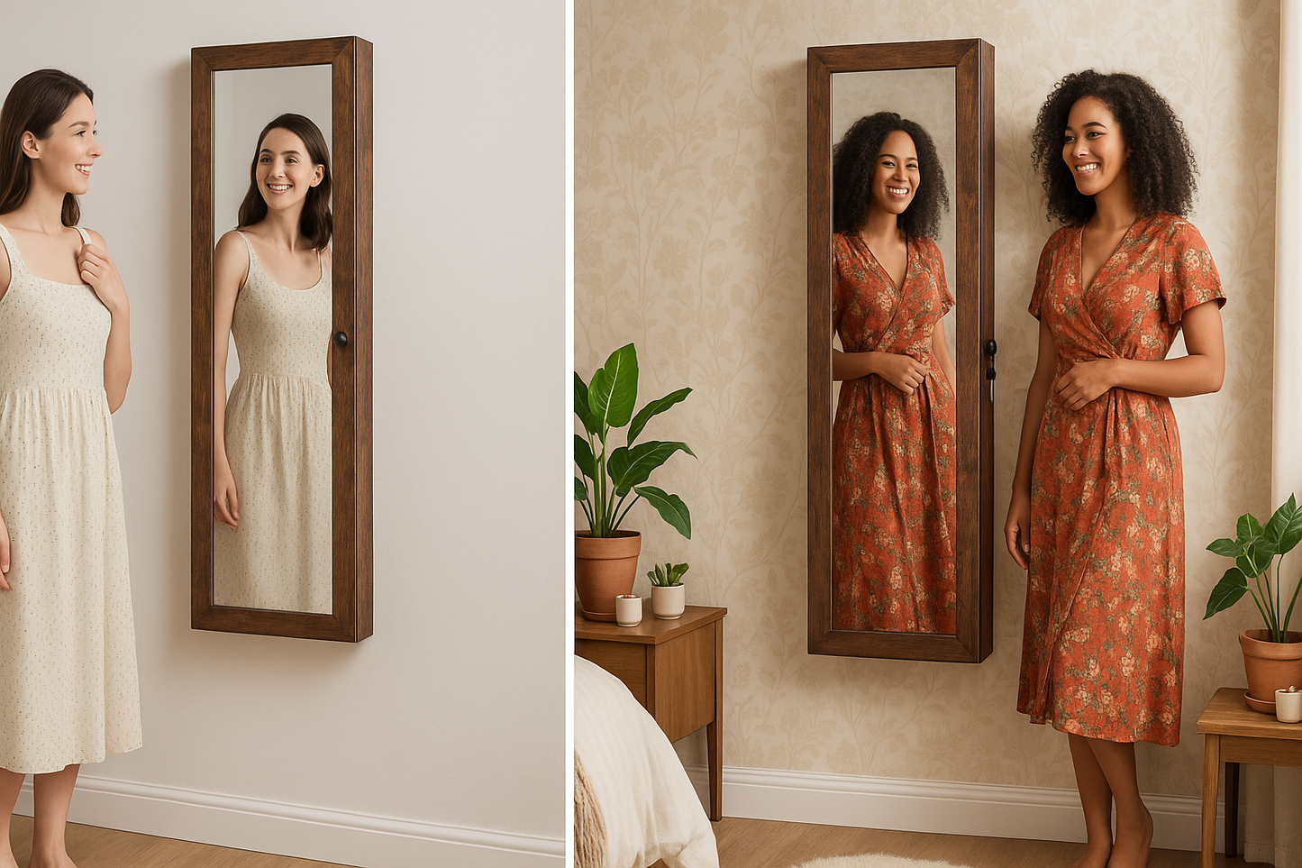 BTEXPERT 47" Mirror Jewelry Cabinet Armoire with 6 LED Lights, Large Full Length Jewelry Organizer with Storage, Wall-Mounted or Door-Hanging Mirror Cabinet, Rustic Brown,Lock Key