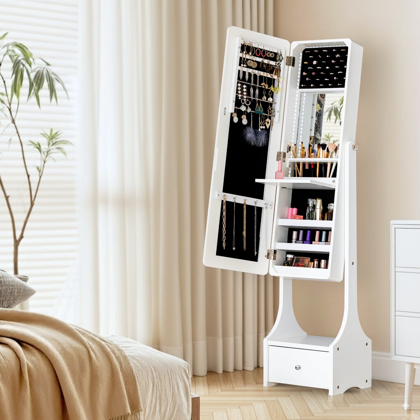 BTEXPERT Mirror Jewelry Cabinet , Large Storage Jewelry Armoire, Full-Length Frameless Mirror Jewelry Storage, 12 LED Lockable Jewelry Organizer White