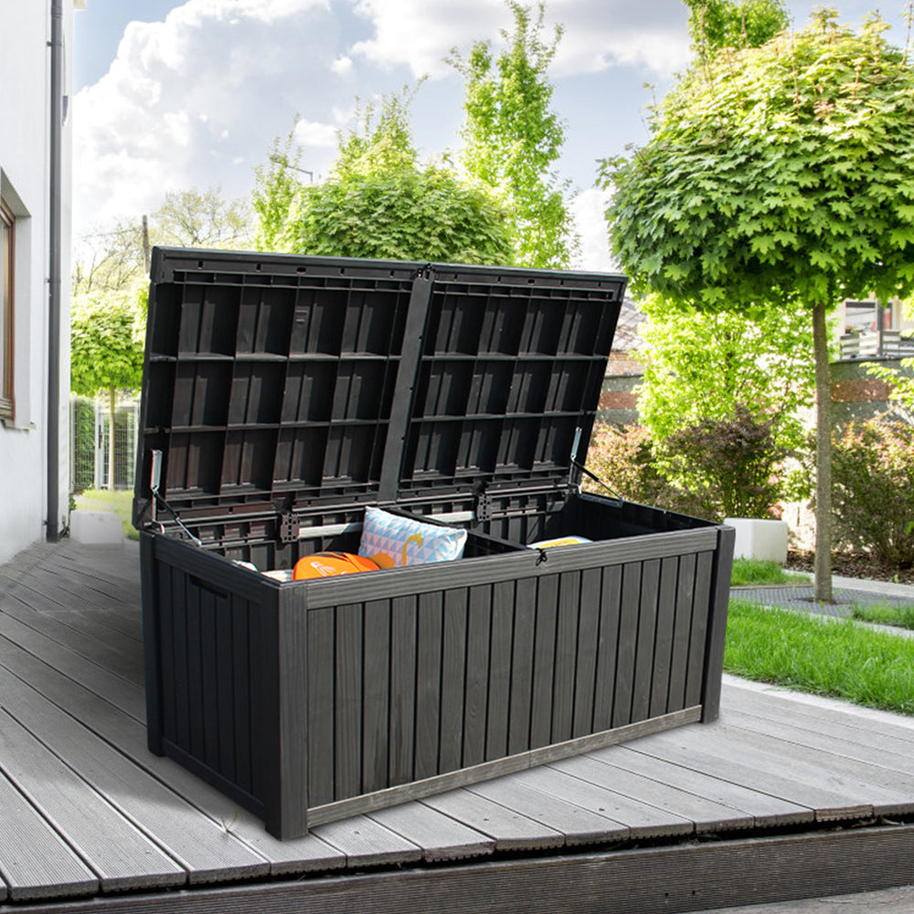 BTEXPERT 150 Gallon Large Resin Deck Box, Outdoor Storage Container with Metal Rods & Partition for Patio Furniture Cushions Garden Tools Equipment Waterproof Lockable UV Resistant