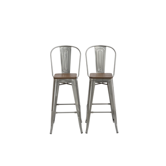 24" Clear Metal Antique Counter height Bar Stool Chair High Back Wood seat - Set of 2