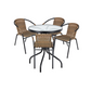 BTExpert 23.75" Round Glass Metal Table + 4 Brown Rattan Chairs, Indoor Outdoor Commercial Lightweight