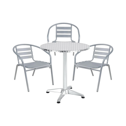 BTExpert 23.75" Round Stainless Steel Table + 3 Silver Gray Metal Slat Stack Chairs, Indoor Outdoor Commercial Lightweight
