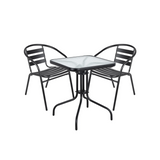 BTExpert 23.75" Square Black Glass Table + 2 Black Metal Slat Chairs, Indoor Outdoor, Lightweight