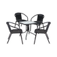 BTExpert 23.75" Square Glass Metal Table + 4 Black Rattan Stack Chairs, Indoor Outdoor Commercial Lightweight