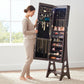 BTEXPERT Mirror Jewelry Cabinet Standing, Large Storage Jewelry Armoire, Full-Length Frameless Mirror with Jewelry Storage, 12 LED Lockable Standing Jewelry Organizer Brown