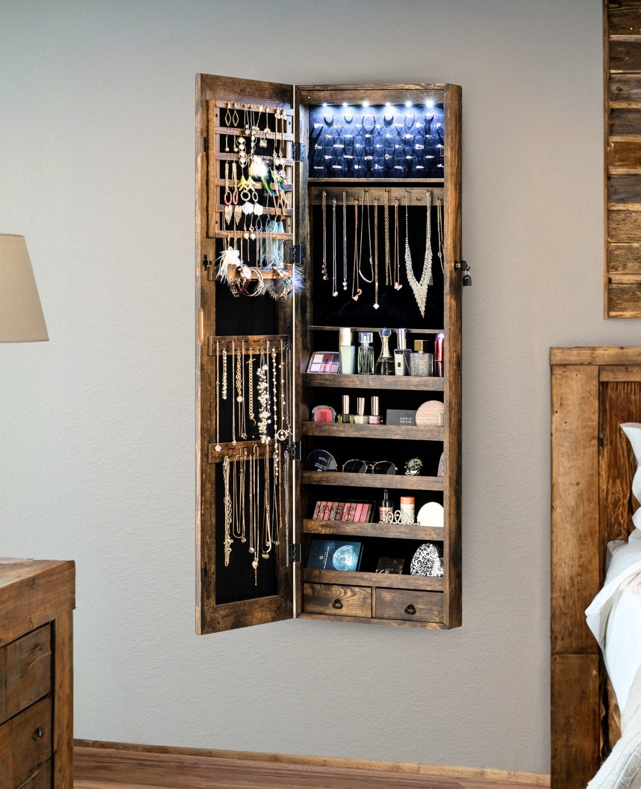 BTEXPERT 47" Mirror Jewelry Cabinet Armoire with 6 LED Lights, Large Full Length Jewelry Organizer with Storage, Wall-Mounted or Door-Hanging Mirror Cabinet, Rustic Brown,Lock Key