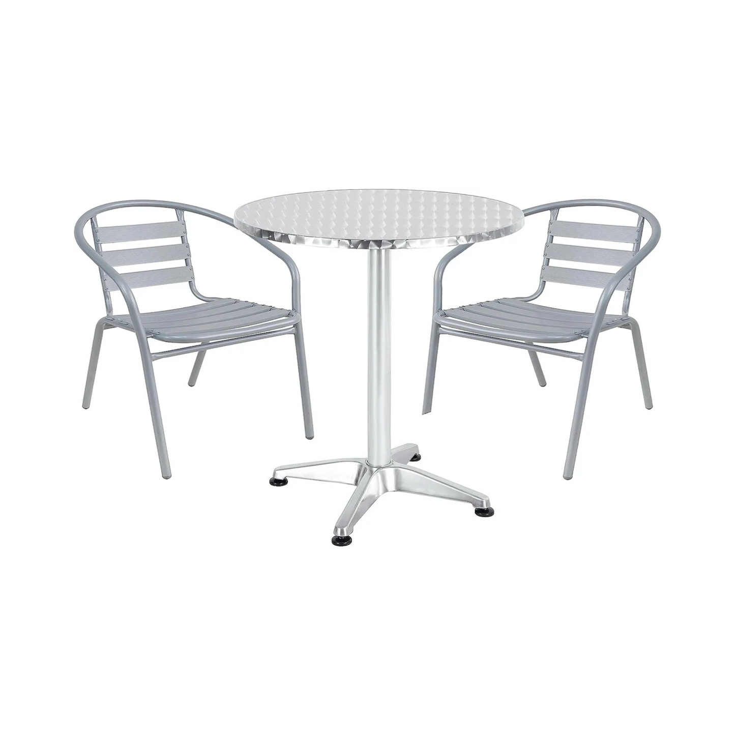 BTExpert 27.5" Round Stainless Steel Table + 2 Silver Gray Slat Chairs, Indoor Outdoor Commercial Lightweight