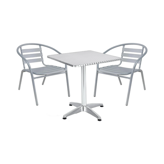 BTExpert 27.5" Square Stainless Steel Table + 2 Silver Gray Slat Chairs, Indoor Outdoor Commercial Lightweight