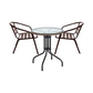BTExpert 28" Round Glass Metal Table Brown Rattan Trim with 2 Bronze Slat Stack Chairs, Indoor Outdoor Lightweight