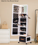 BTEXPERT 360 Swivel Jewelry Cabinet Armoire, Standing with Lights, Lockable Jewelry Organizer, 63" Rotating Full Length Frameless Mirror with Storage, 4 Wheels, White Lock Key