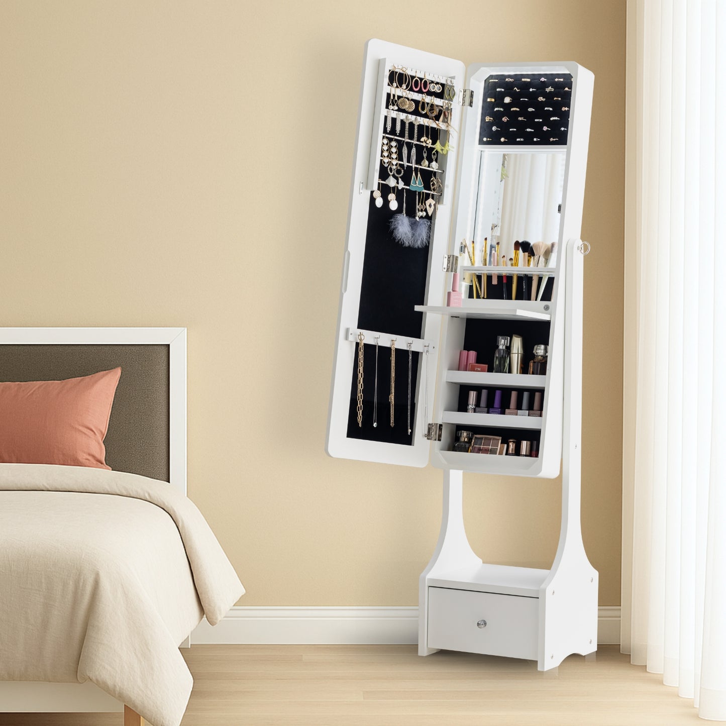 BTEXPERT Mirror Jewelry Cabinet , Large Storage Jewelry Armoire, Full-Length Frameless Mirror Jewelry Storage, 12 LED Lockable Jewelry Organizer White