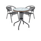 BTExpert 28" Round Glass Table w/ Brown Rattan Trim + 2 Black Metal Slat Chairs, Indoor Outdoor Lightweight