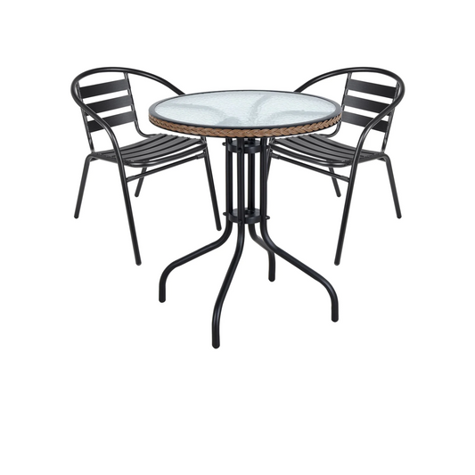 BTExpert 28" Round Glass Table w/ Brown Rattan Trim + 2 Black Metal Slat Chairs, Indoor Outdoor Lightweight