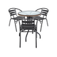 BTExpert 28" Round Glass Table w/ Brown Rattan Trim + 3 Black Metal Slat Chairs, Indoor Outdoor Lightweight