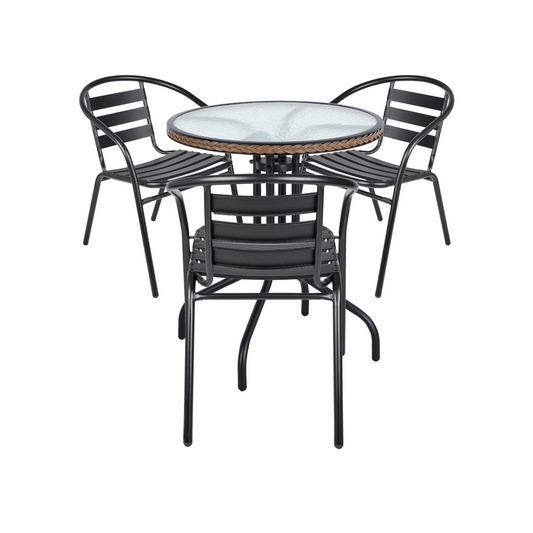 BTExpert 28" Round Glass Table w/ Brown Rattan Trim + 3 Black Metal Slat Chairs, Indoor Outdoor Lightweight