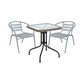 BTExpert 28" Square Glass Metal Table Brown Rattan Trim with 2 Silver Gray Slat Stack Chairs, Indoor Outdoor Lightweight
