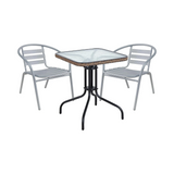 BTExpert 28" Square Glass Metal Table Brown Rattan Trim with 2 Silver Gray Slat Stack Chairs, Indoor Outdoor Lightweight