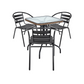 BTExpert 28" Square Glass Table w/ Brown Rattan Trim + 3 Black Metal Slat Chairs, Indoor Outdoor Lightweight