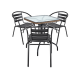 BTExpert 28" Square Glass Table w/ Brown Rattan Trim + 3 Black Metal Slat Chairs, Indoor Outdoor Lightweight