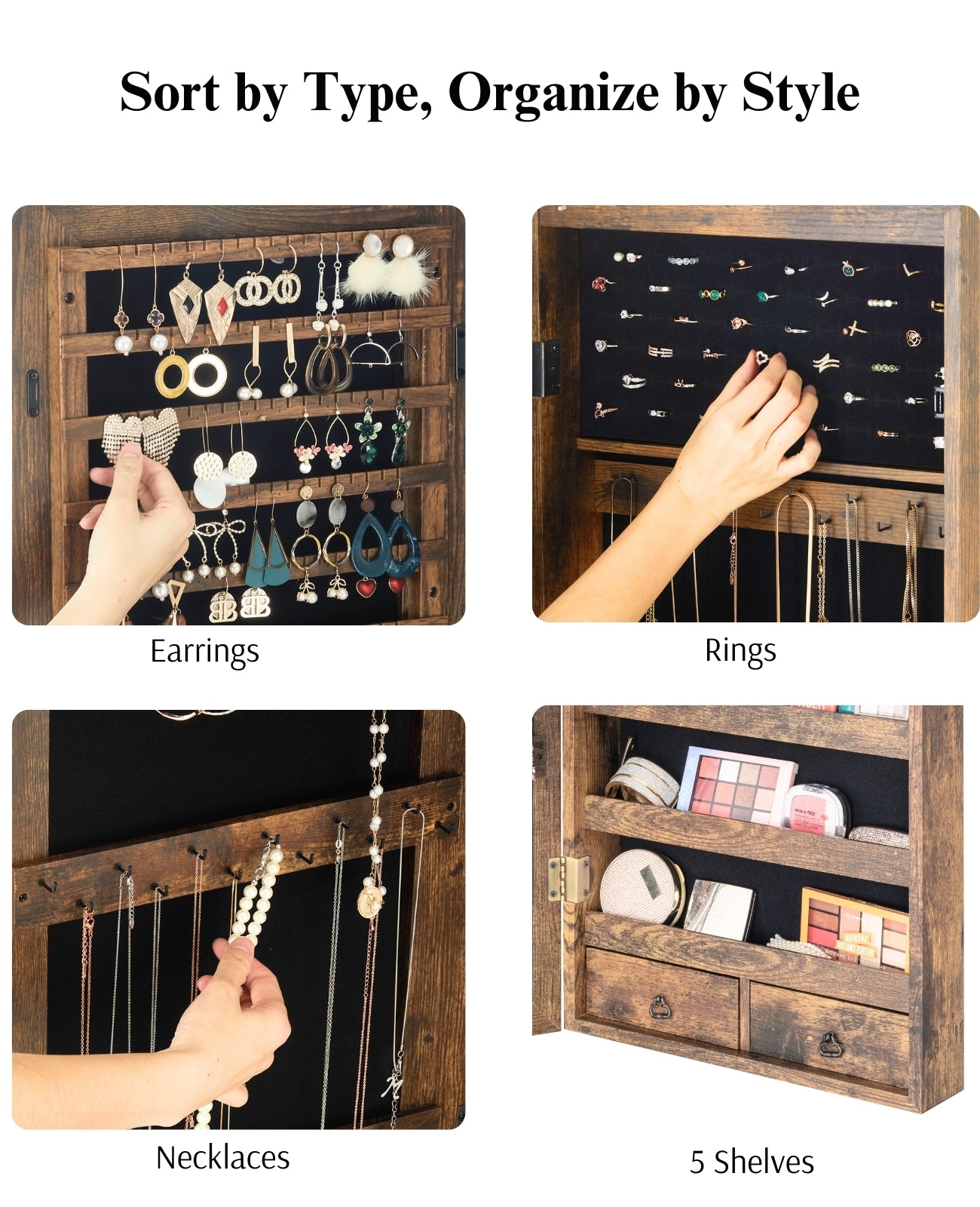 BTEXPERT 47" Mirror Jewelry Cabinet Armoire with 6 LED Lights, Large Full Length Jewelry Organizer with Storage, Wall-Mounted or Door-Hanging Mirror Cabinet, Rustic Brown,Lock Key