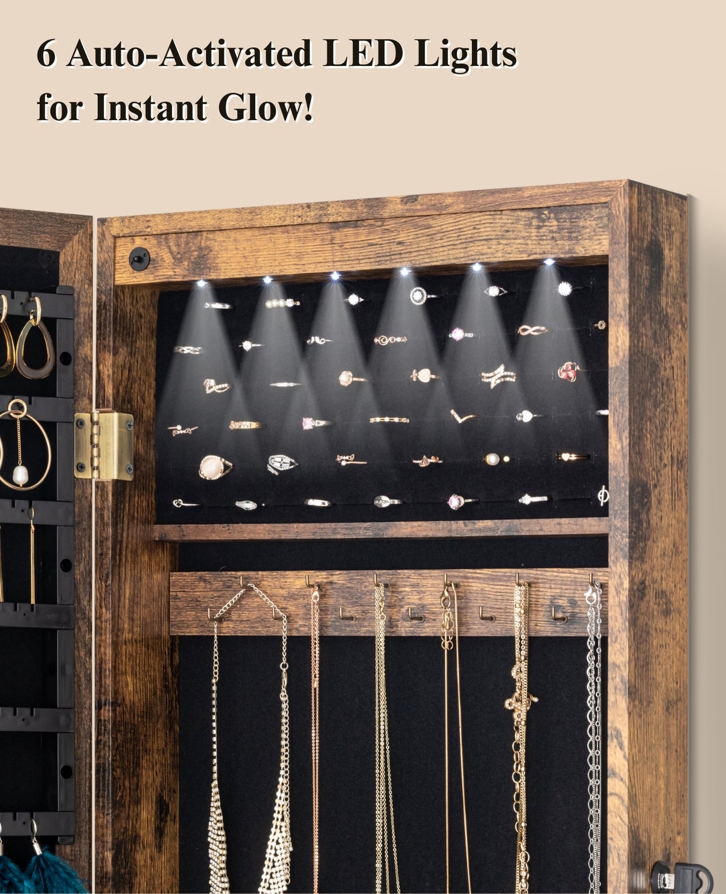 BTEXPERT 47" Mirror Jewelry Cabinet Armoire with 6 LED Lights, Large Full Length Jewelry Organizer with Storage, Wall-Mounted or Door-Hanging Mirror Cabinet, Rustic Brown,Lock Key