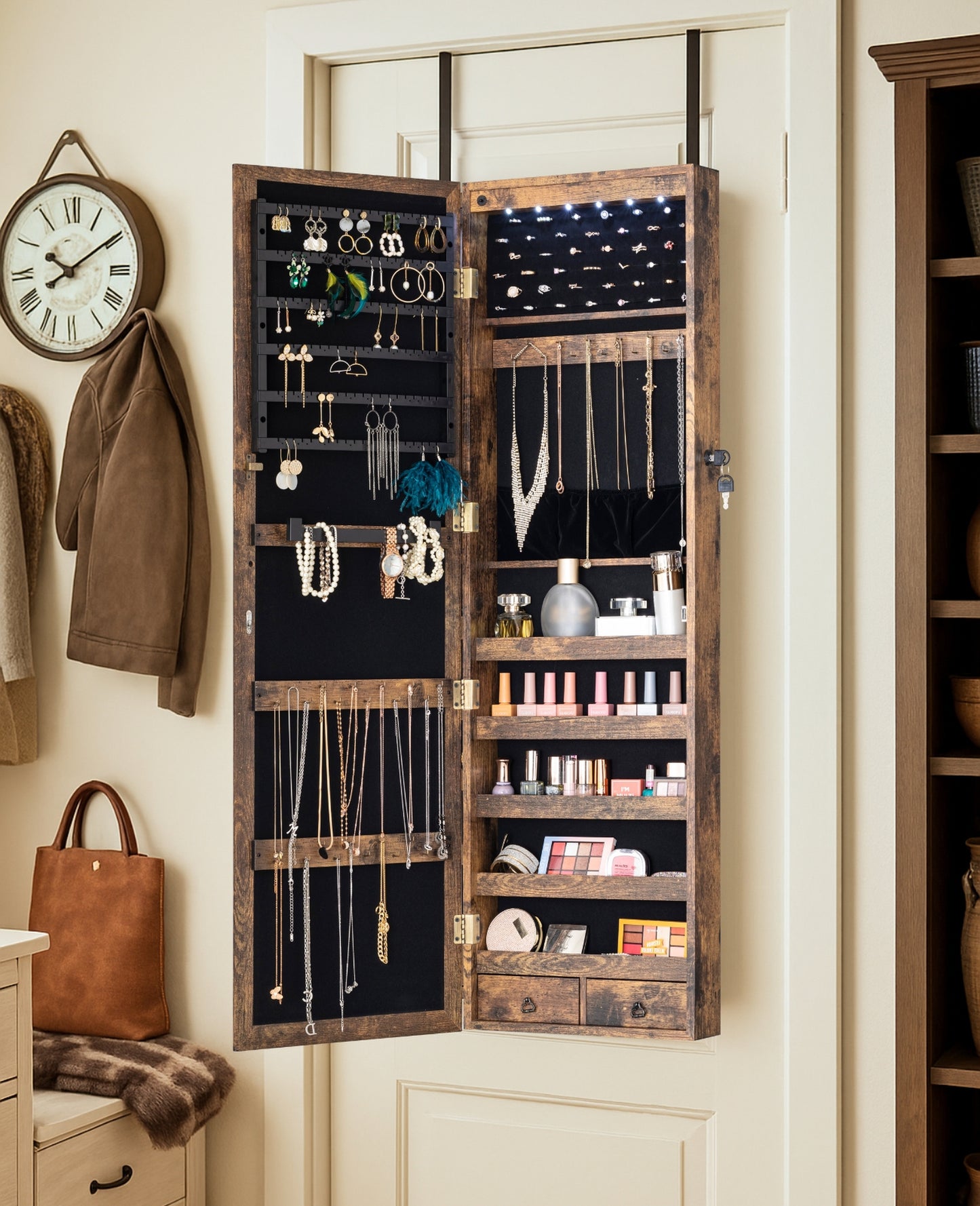 BTEXPERT 47" Mirror Jewelry Cabinet Armoire with 6 LED Lights, Large Full Length Jewelry Organizer with Storage, Wall-Mounted or Door-Hanging Mirror Cabinet, Rustic Brown,Lock Key