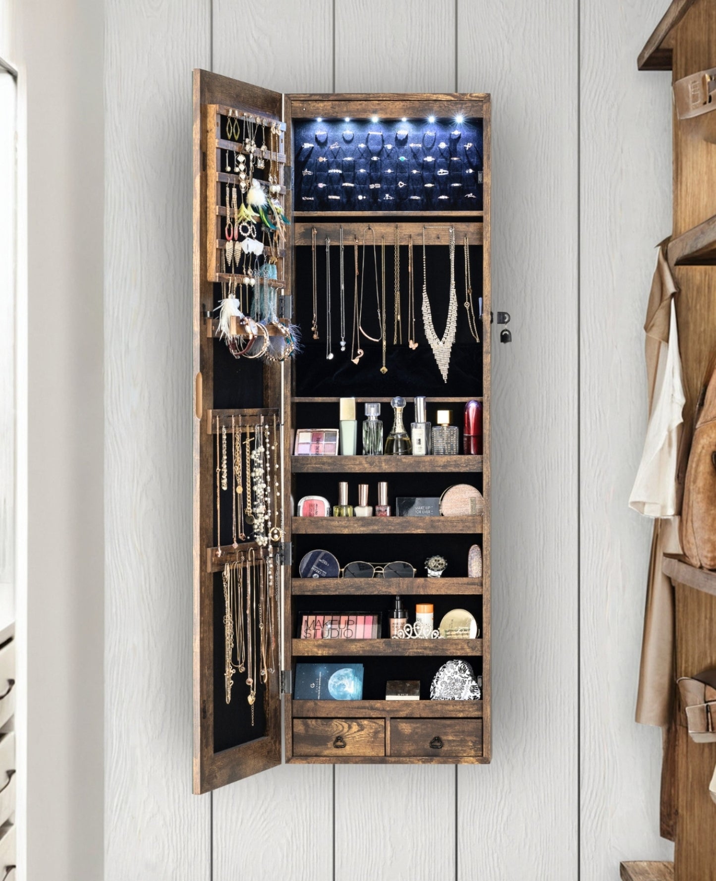 BTEXPERT 47" Mirror Jewelry Cabinet Armoire with 6 LED Lights, Large Full Length Jewelry Organizer with Storage, Wall-Mounted or Door-Hanging Mirror Cabinet, Rustic Brown,Lock Key