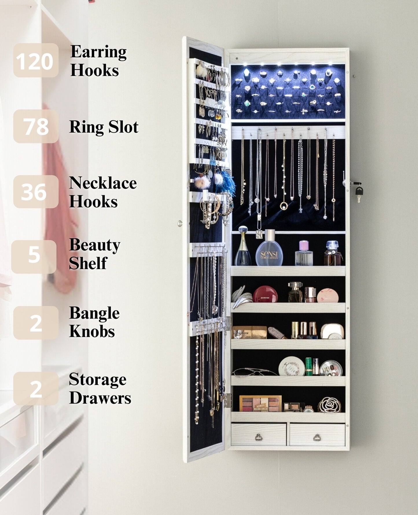 BTEXPERT 47" Mirror Jewelry Cabinet Armoire with 6 LED Lights, Large Full Length Jewelry Organizer with Storage, Wall-Mounted or Door-Hanging Mirror Cabinet, Dove White, Lock Key