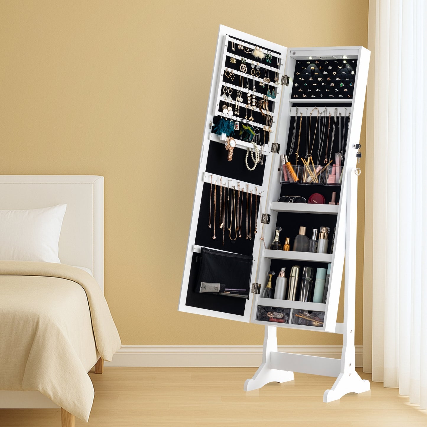 BTEXPERT Mirror Jewelry Cabinet Standing, Large Storage Jewelry Armoire, Full-Length  Mirror with Jewelry Storage, 12 LED Lockable Standing Jewelry Organizer White