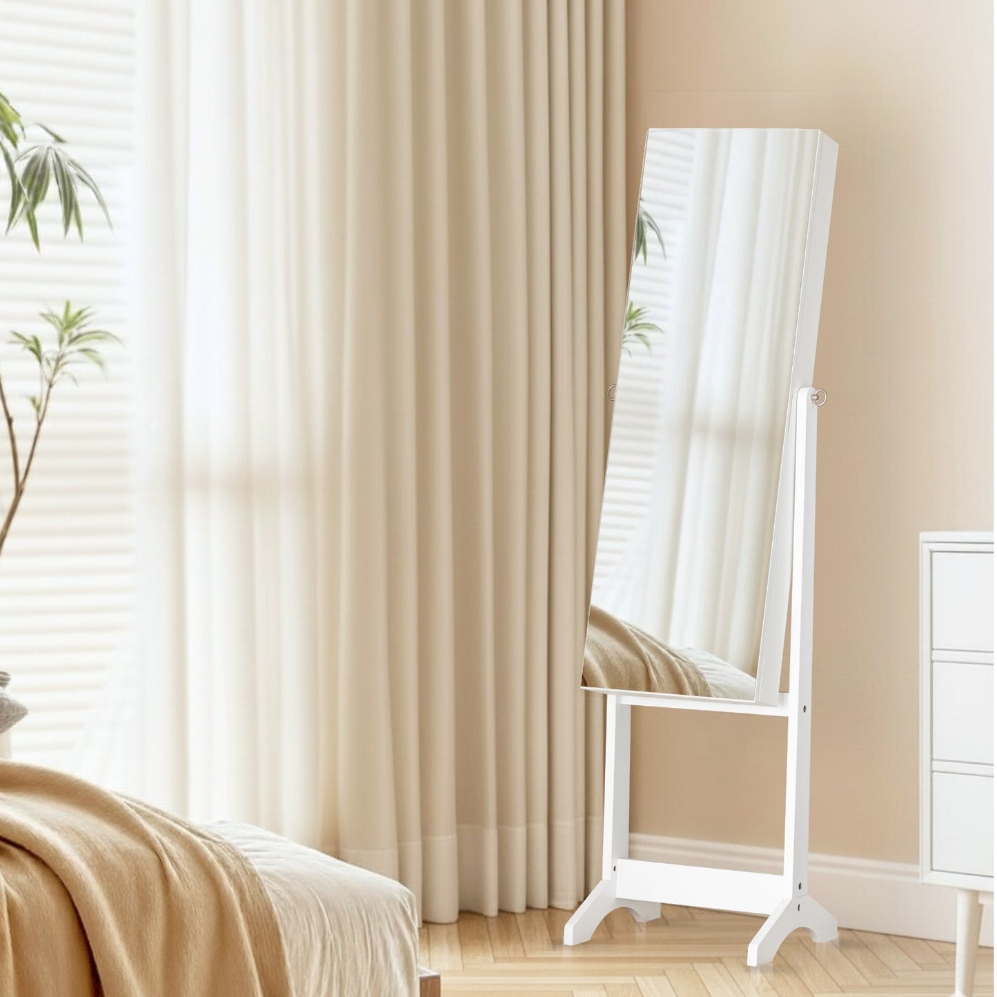 BTEXPERT Large Storage Jewelry Mirror Organizer with Frameless Free Standing Jewelry Cabinet White