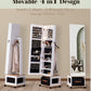 BTEXPERT 360 Swivel Jewelry Cabinet Armoire, Standing with Lights, Lockable Jewelry Organizer, 63" Rotating Full Length Frameless Mirror with Storage, 4 Wheels, White Lock Key