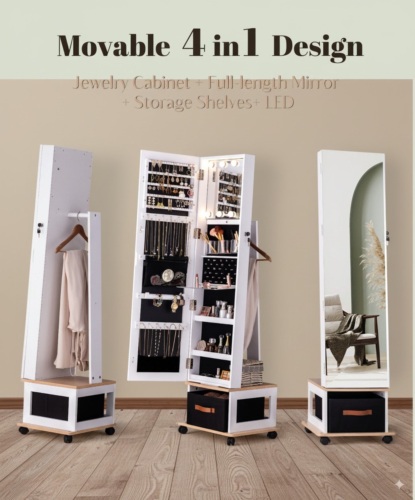 BTEXPERT 360 Swivel Jewelry Cabinet Armoire, Standing with Lights, Lockable Jewelry Organizer, 63" Rotating Full Length Frameless Mirror with Storage, 4 Wheels, White Lock Key