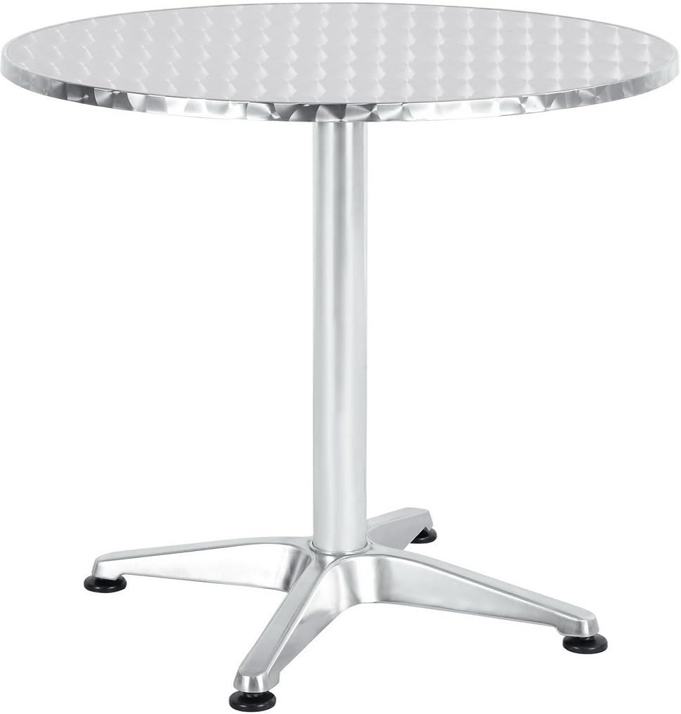 BTExpert Indoor Outdoor 23.75" Round Restaurant Table Stainless Steel Silver Aluminum + 3 Bronze Metal Slat Stack Chairs