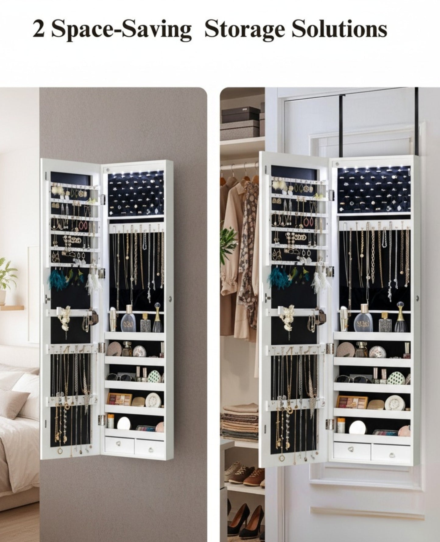 BTEXPERT 47" Mirror Jewelry Cabinet Armoire with 6 LED Lights, Large Full Length Jewelry Organizer with Storage, Wall-Mounted or Door-Hanging Mirror Cabinet, Dove White, Lock Key