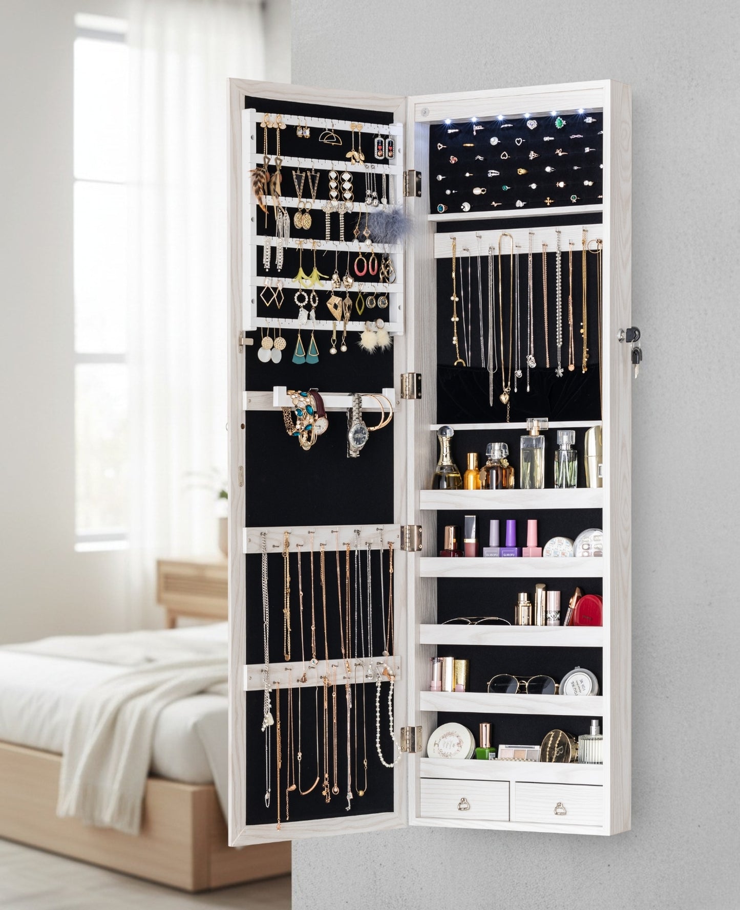 BTEXPERT 47" Mirror Jewelry Cabinet Armoire with 6 LED Lights, Large Full Length Jewelry Organizer with Storage, Wall-Mounted or Door-Hanging Mirror Cabinet, Dove White, Lock Key