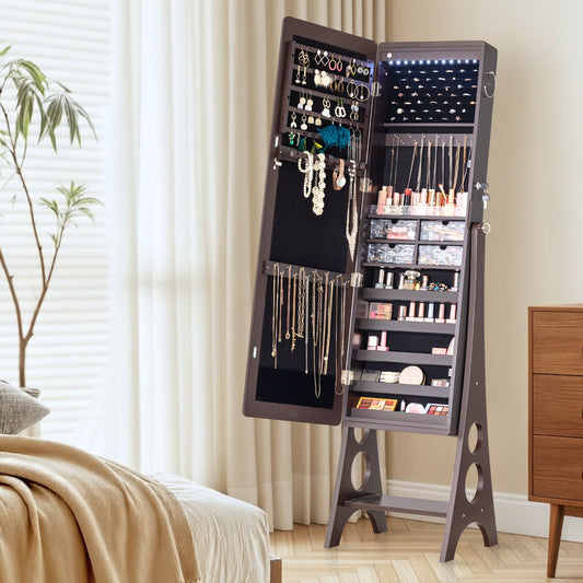 BTEXPERT Mirror Jewelry Cabinet Standing, Large Storage Jewelry Armoire, Full-Length Frameless Mirror with Jewelry Storage, 12 LED Lockable Standing Jewelry Organizer Brown
