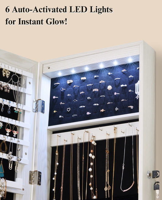 BTEXPERT 47" Mirror Jewelry Cabinet Armoire with 6 LED Lights, Large Full Length Jewelry Organizer with Storage, Wall-Mounted or Door-Hanging Mirror Cabinet, Dove White, Lock Key