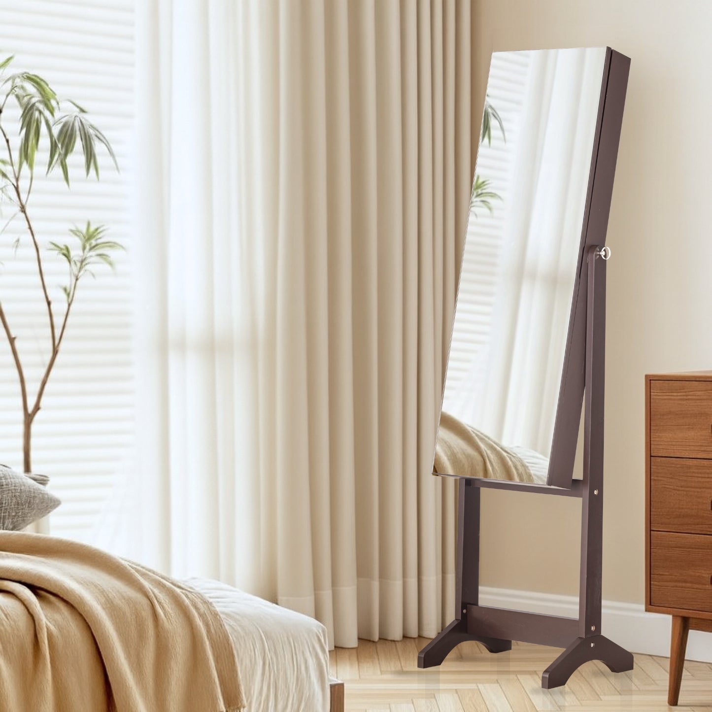 BTEXPERT Large Storage Jewelry Mirror Organizer with Frameless Free Standing Jewelry Cabinet (Brown)