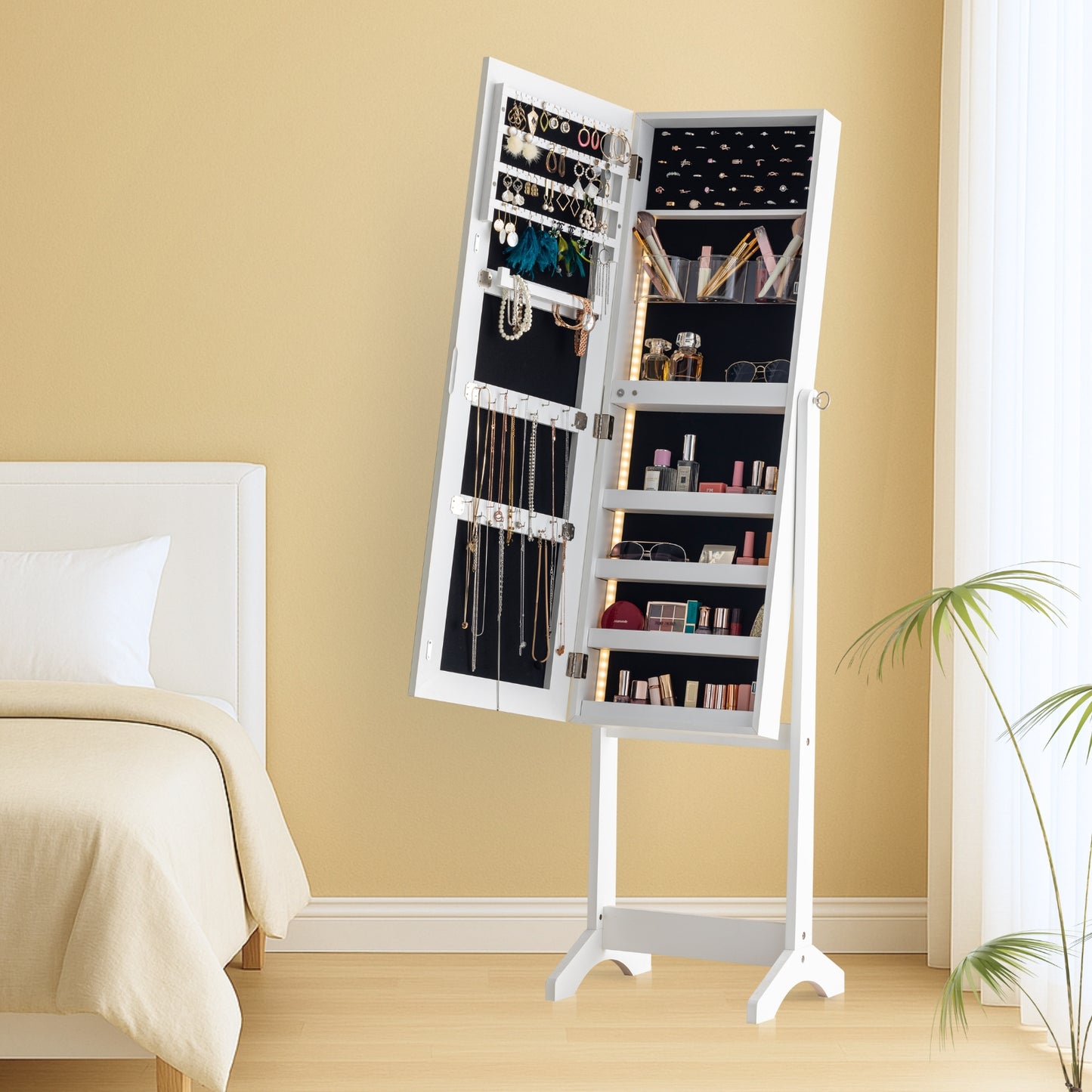 BTEXPERT Large Storage Jewelry Mirror Organizer with Frameless Free Standing Jewelry Cabinet White