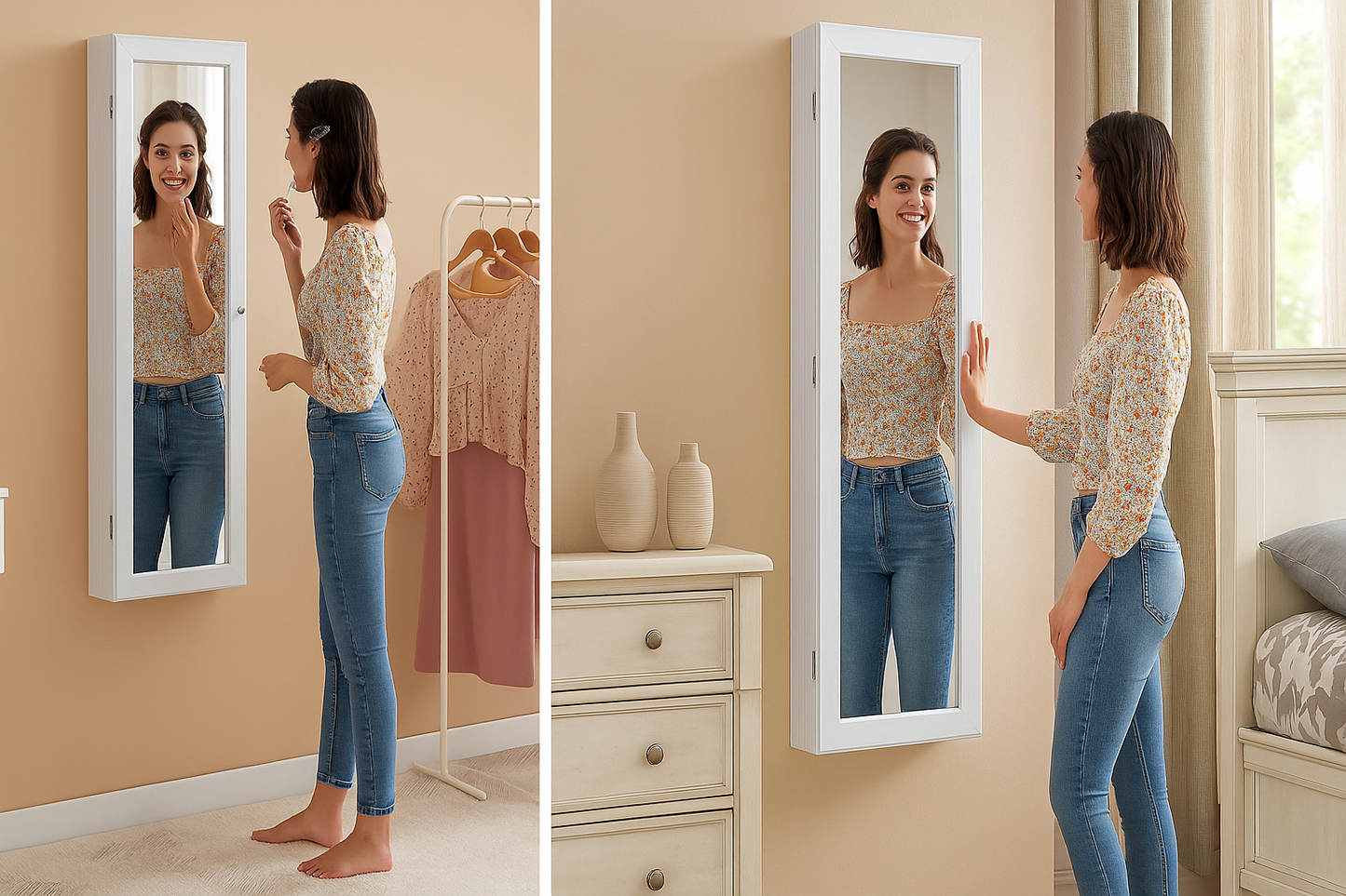 BTEXPERT 47" Mirror Jewelry Cabinet Armoire with 6 LED Lights, Large Full Length Jewelry Organizer with Storage, Wall-Mounted or Door-Hanging Mirror Cabinet, Dove White, Lock Key