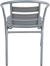 BTExpert Indoor Outdoor 23.75" Square Restaurant Table Stainless Steel Silver Aluminum + 4 Silver Gray Metal Aluminum Slat Stack Chairs Commercial