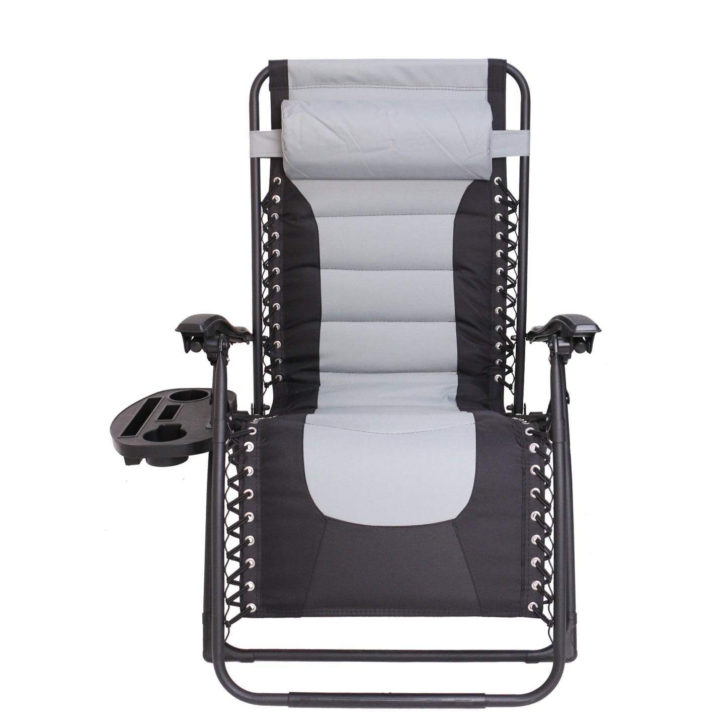 Oversized Padded Zero Gravity Recliner Folding Chaise Lounge, Outdoor Pool, Patio, Yard, XL Anti-Gravity Lounger Side Tray Cup Holder, Headrest Pillow (Grey/Black)